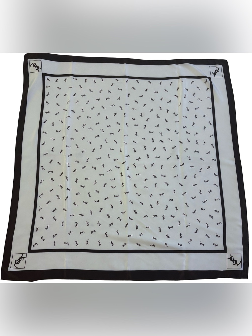 Yves Saint Laurent Paris YSL 100% Silk Monogram Scarf Chocolate Brown White